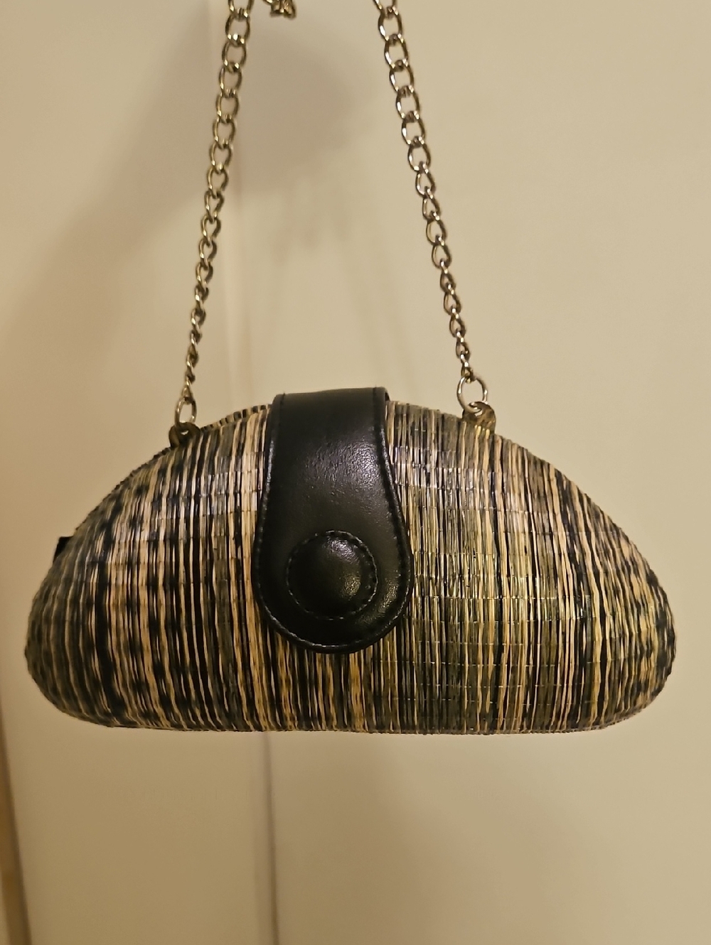 Woven Straw Shoulder Bag with Black Leather Trim